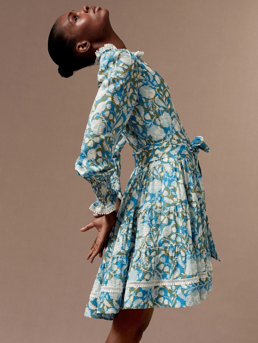 ME+EM Dress Blue Silk Blend Shadow Bloom Print Swing Size US 10 With Belt Lace